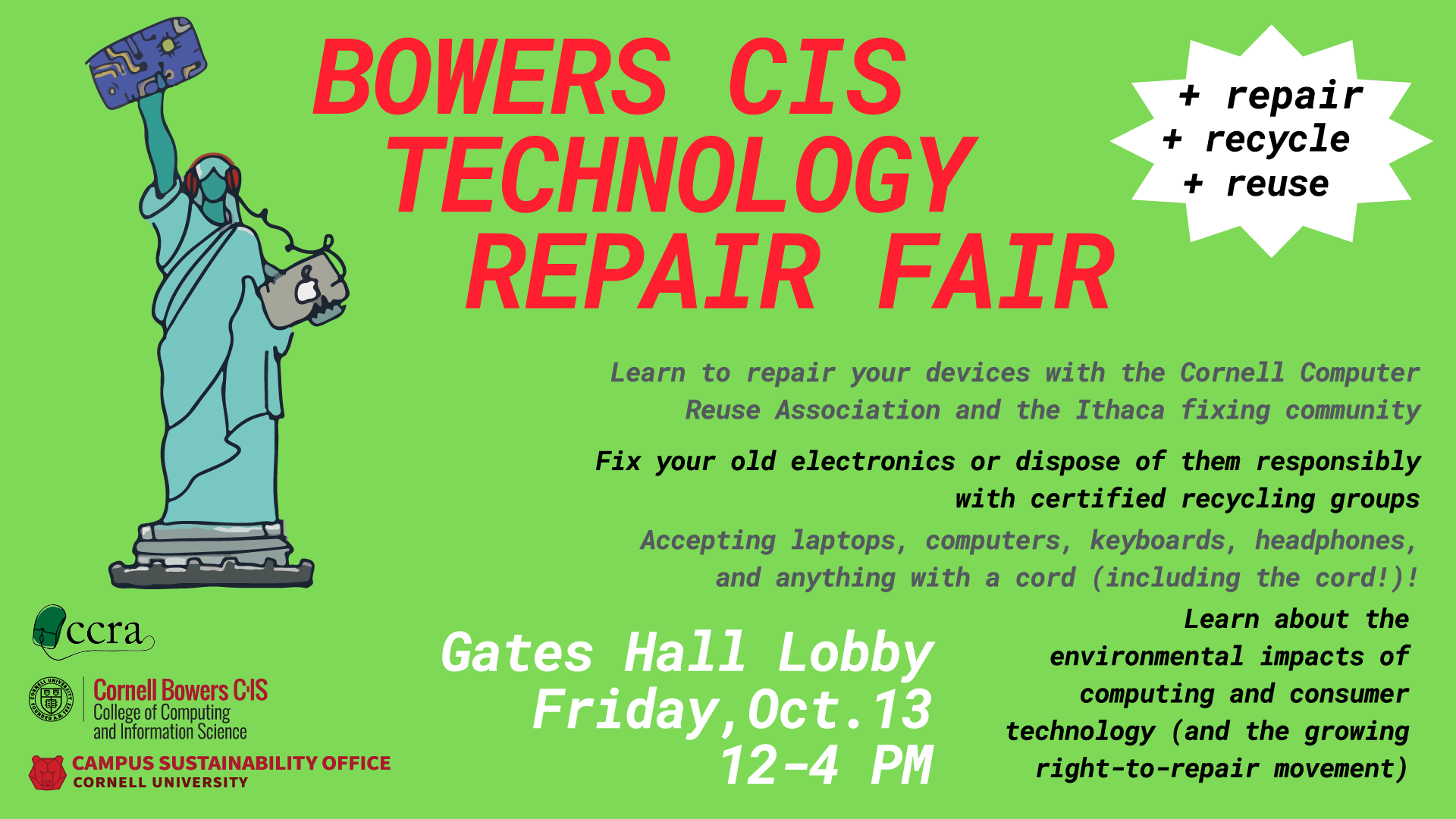Poster for the Cornell Bowers CIS Repair Fair on Friday, 10/13
