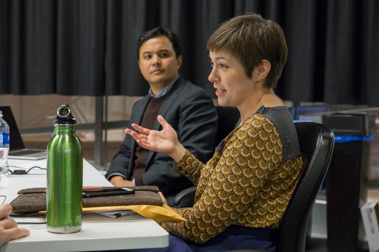 Information Science Assistant Professor Karen Levy and invited speaker Mark Latonero during the Tech/Law Colloquium.